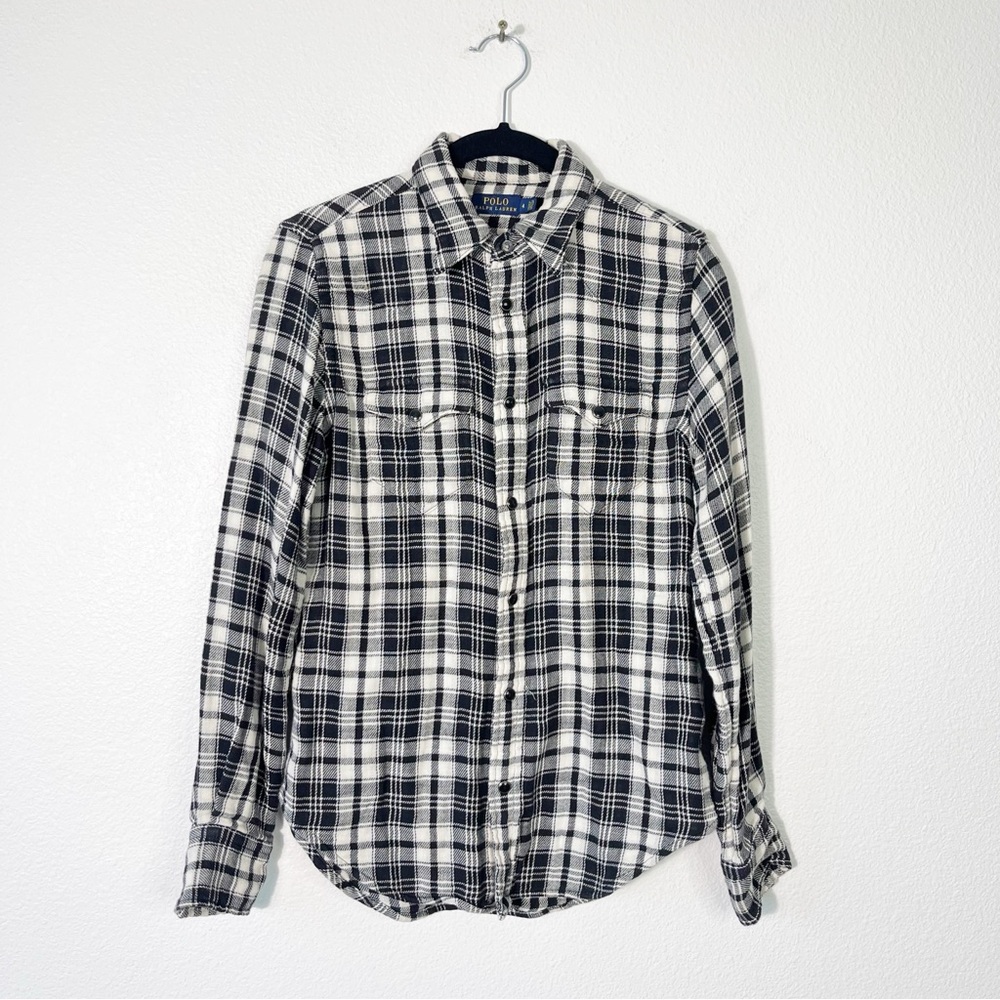Polo Ralph Lauren Flannel Shirt Size 4 Black Plaid Western Country Pearl Snap